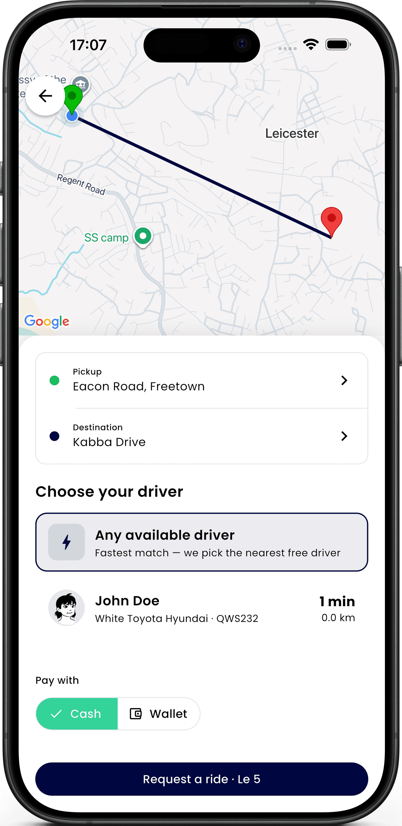 Marto ride request screen with pickup, destination and driver selection