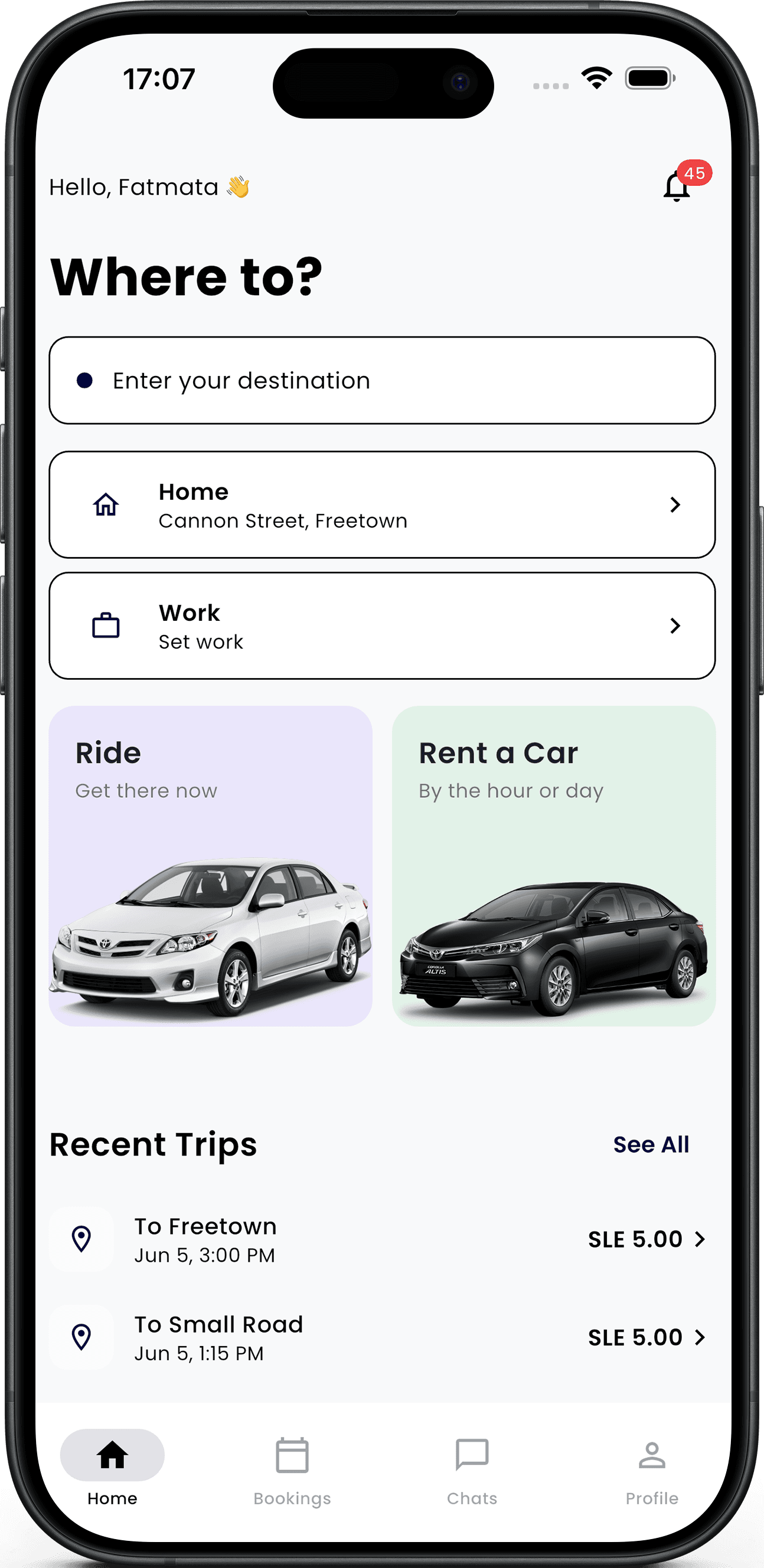 Marto rider app home screen showing where-to search and quick destinations